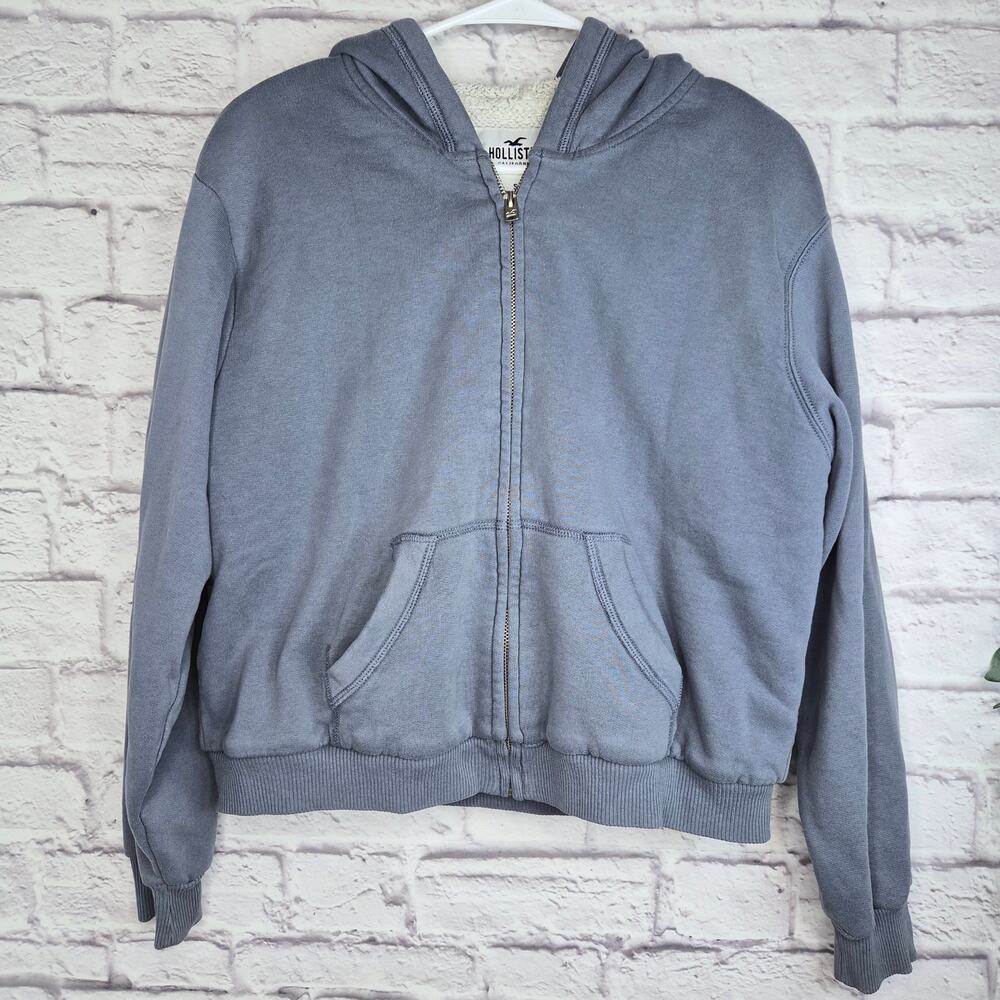 Hollister Sherpa Lined Full Zip Hoodie Slate Blue Boxy Cropped Sweatshirt S Y2K